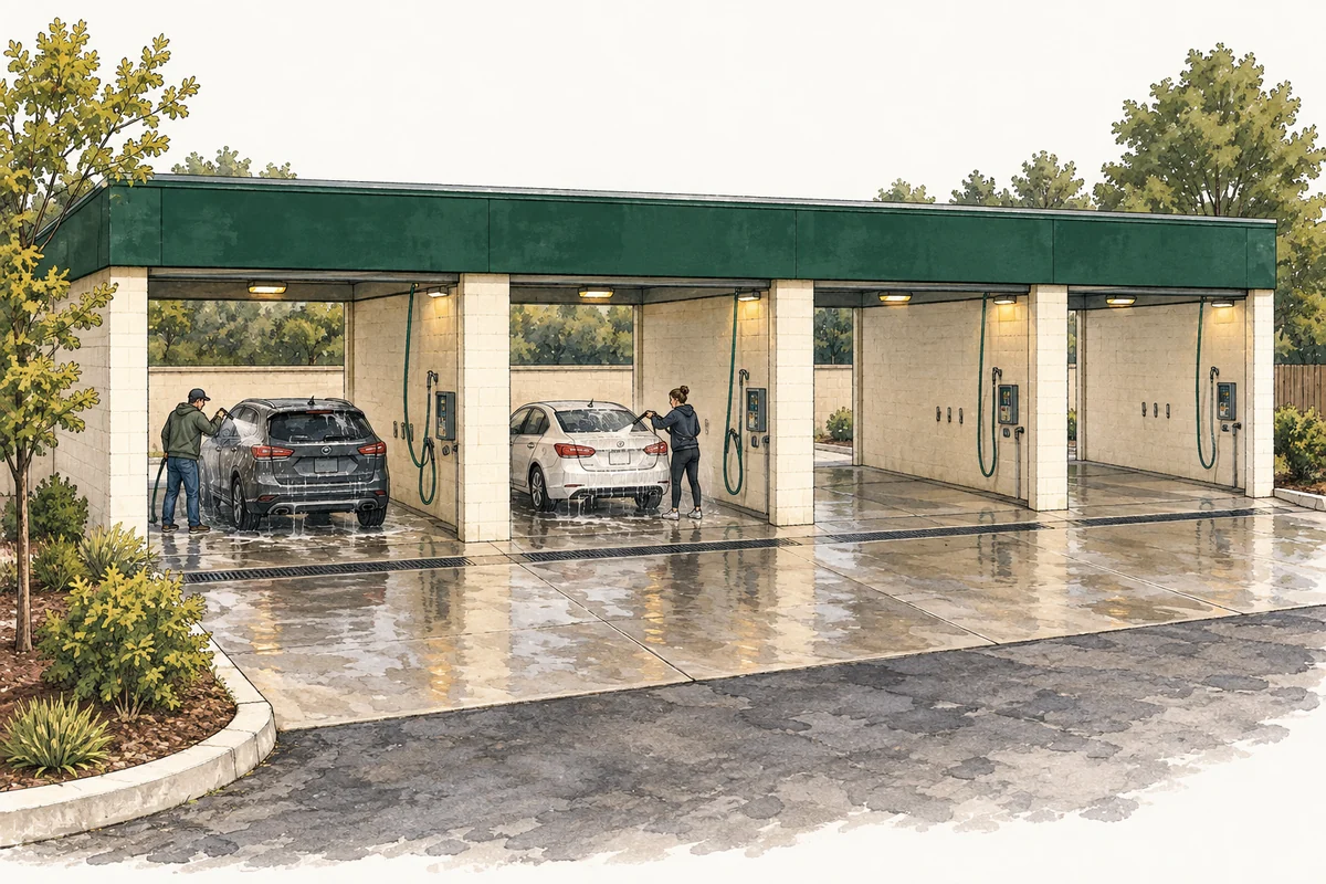 An existing four-bay self-service car wash with separate customer bays.