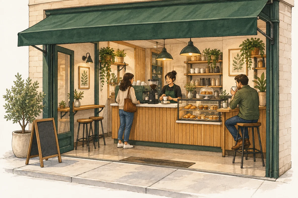 Counter-service café with an espresso counter, seating and customers.